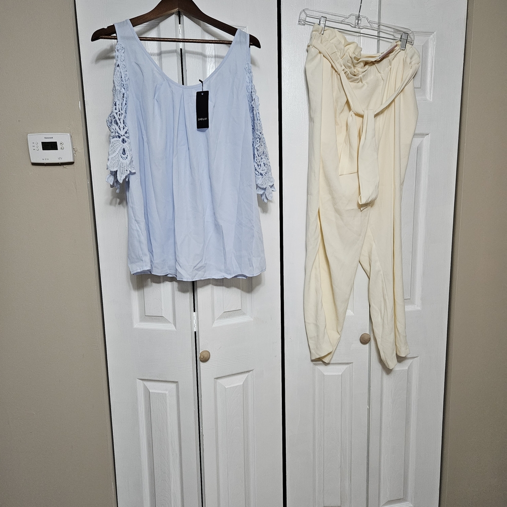 Sheilay Light Blue Lace Sleeve Top and Avenue Cream Pants Set